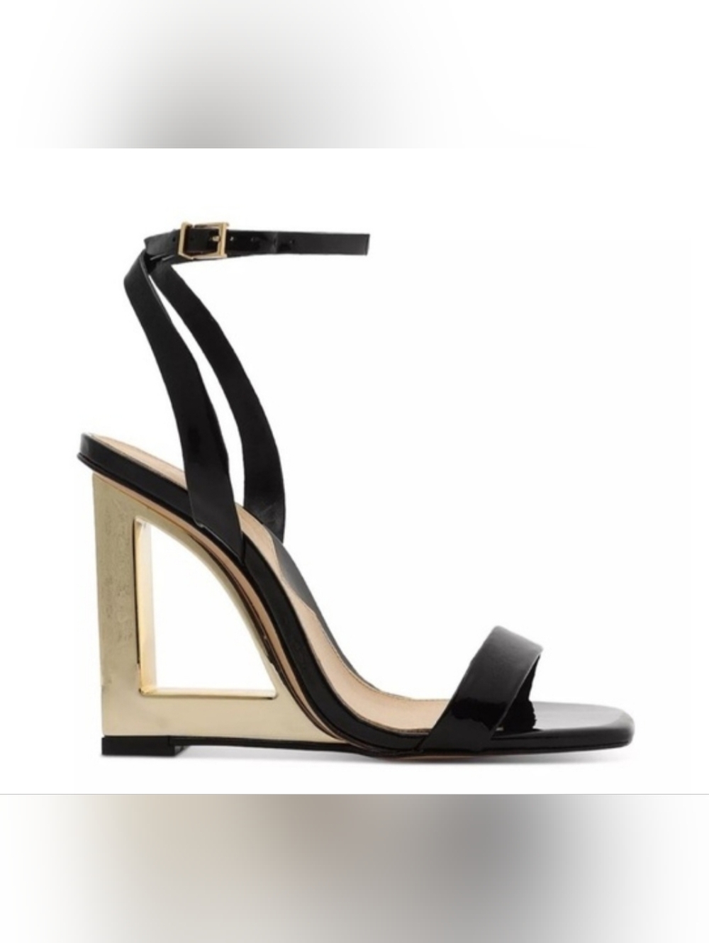 SCHUTZ Black Patent Ankle-Strap Sandal with Gold Geometric Heel